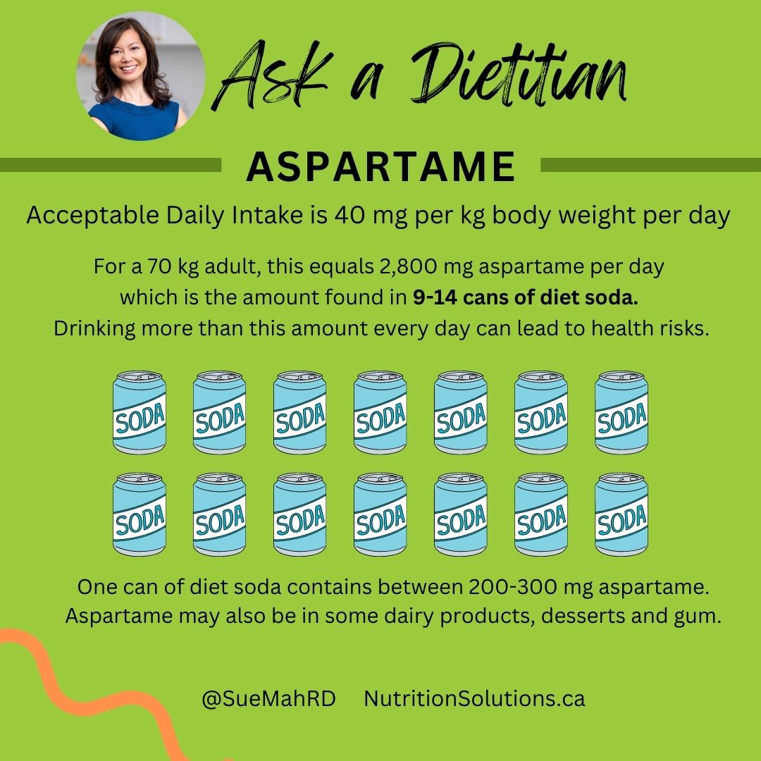 14 cans of soda pop to reflect 2,800 mg of aspartame which is the Acceptable Daily Intake for a 70 kg adult