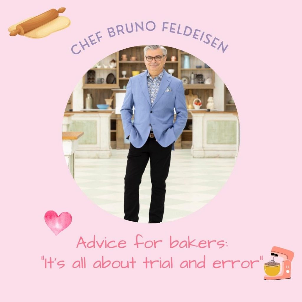 Chef Bruno is standing on set at the Great Canadian Baking Show 