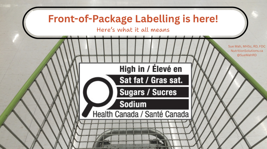 An empty grocery cart with an image of the new Front-of-Package symbols