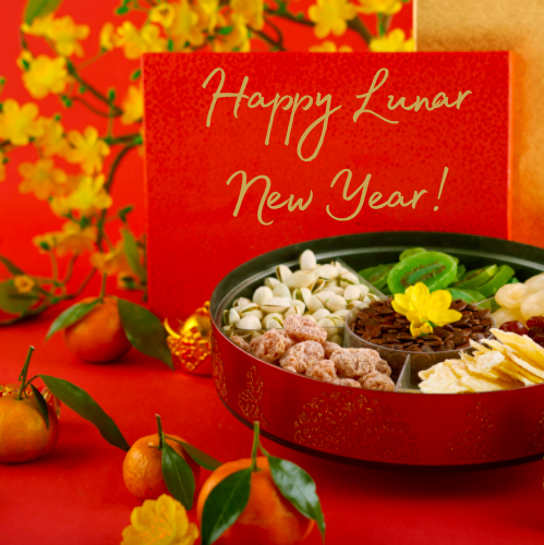 Tray of Togetherness - a red tin filled with symbolic sweets to celebrate the Lunar New Year