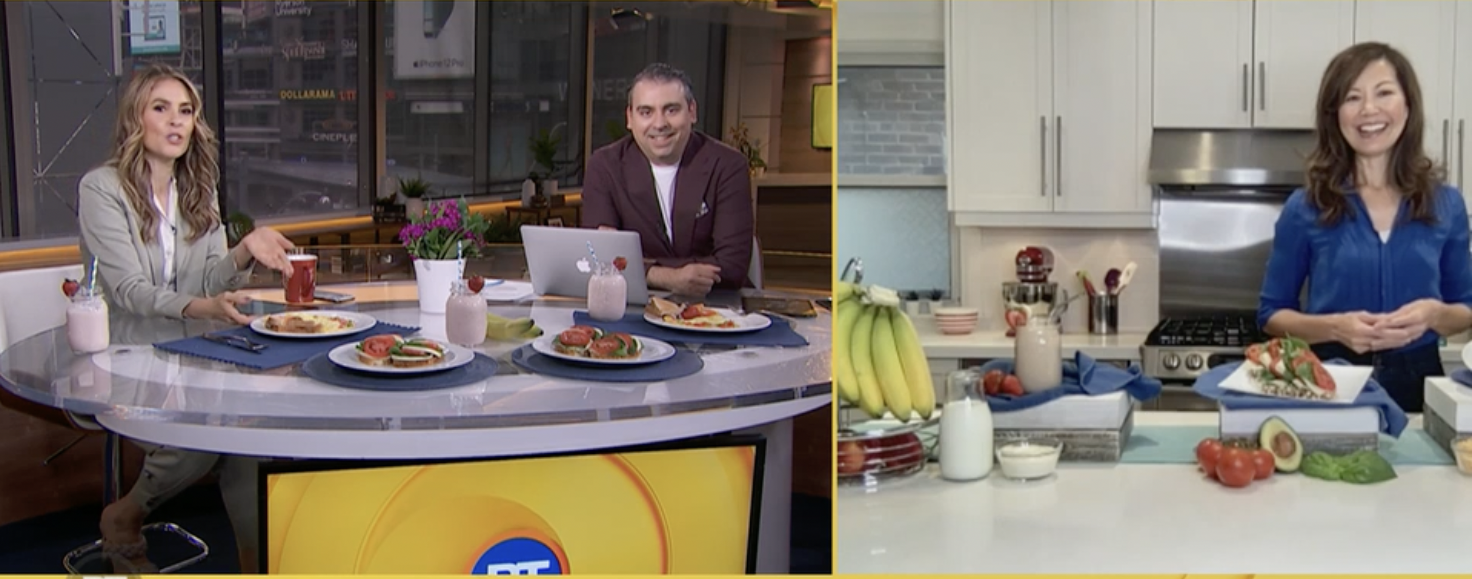 Sue is her kitchen with various food displays and is speaking to TV hosts