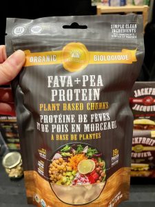 A package of fava and pea protein plant-based chunks