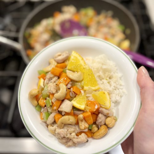 cashew chicken served with rice