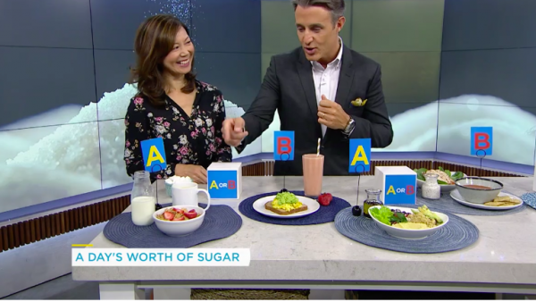 Registered Dietitian Sue Mah quizzes TV host Ben Mulroney on the sugars in different meals.