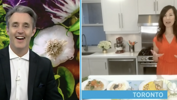 TV host Ben Mulroney and dietitian Sue Mah on a split screen during a TV interview