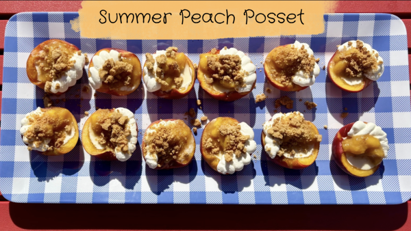 A tray with summer peach posset desserts