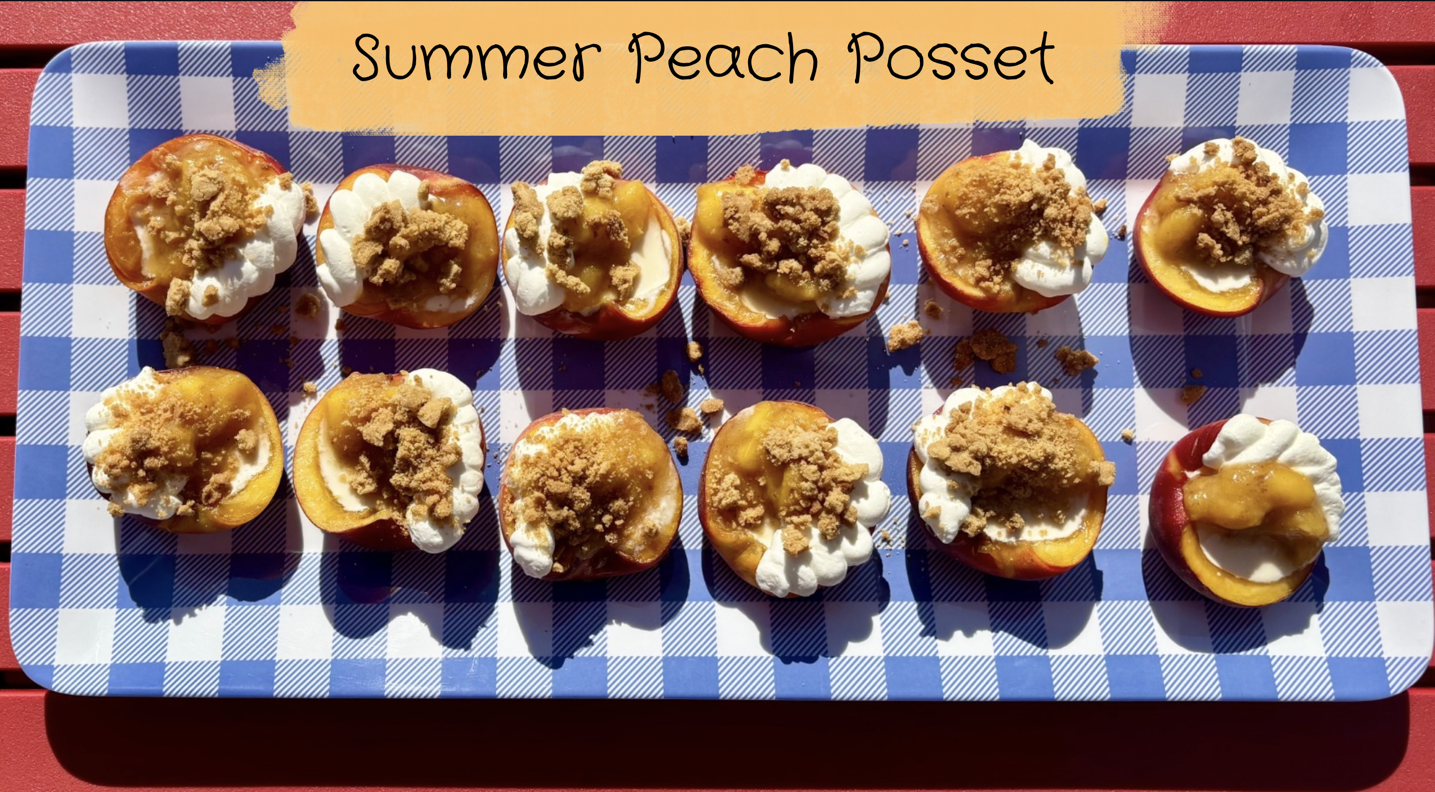 A tray with summer peach posset desserts